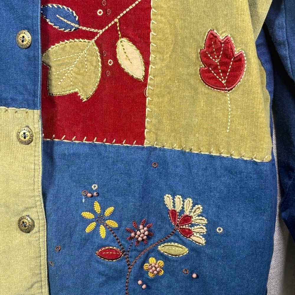 Alfred Dunner Womens Denim Patchwork Jacket Floral Embroidered Corduroy Blue  18 - Picture 4 of 10